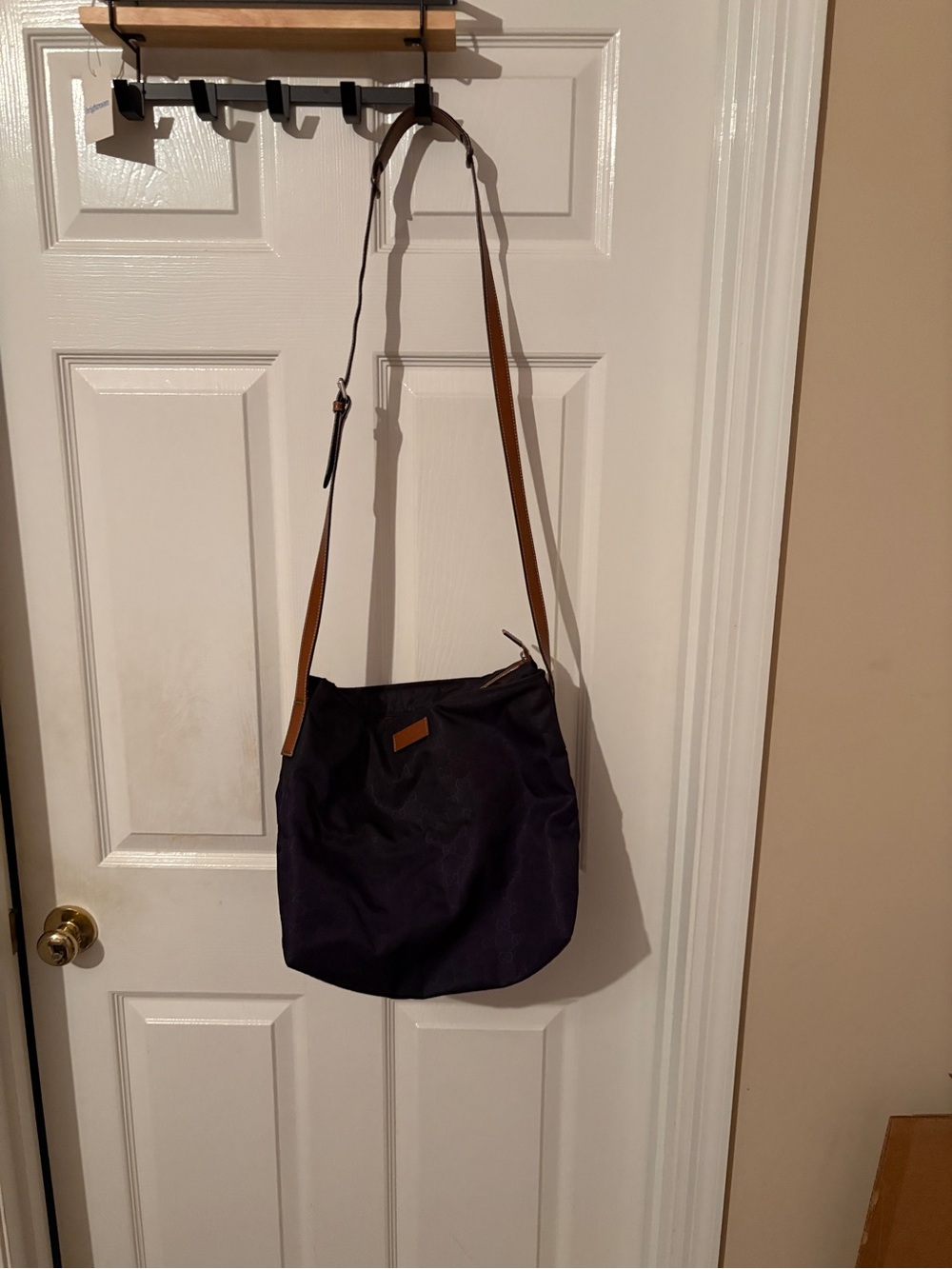 Gucci Gg Crossbody Tote Bag in Navy with Tan Strap